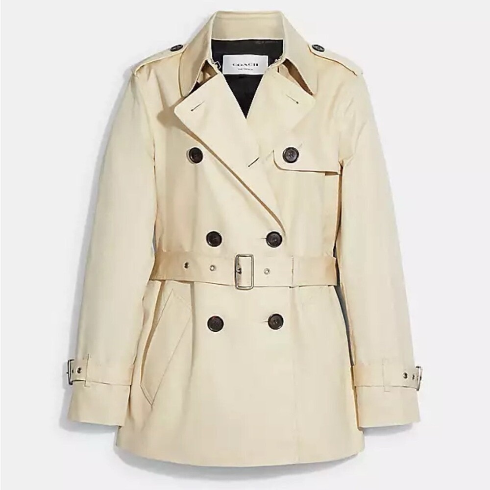 NEW Coach Women's Solid Short Trench Coat Bone Size XS Belted Cream Caramel - Picture 2 of 10